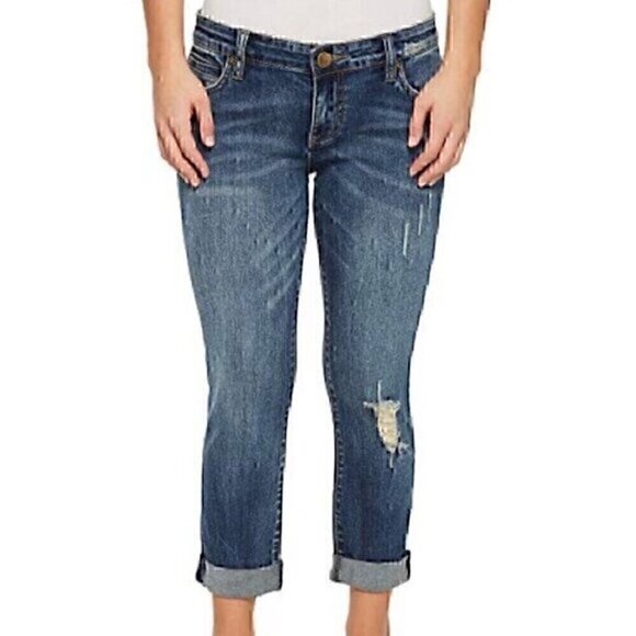 KUT FROM THE KLOTH KFTK Boyfriend Jeans Dark Wash ish ? Distressed Ripped Rip 6 - Picture 1 of 10
